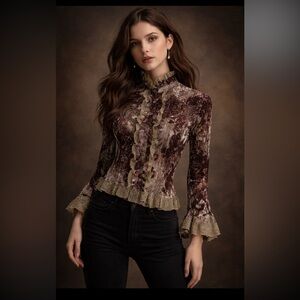 Y2K Lloyd Williams Blouse Woman Small Crinkle Sheer Lace Bell Sleeve Forestfairy